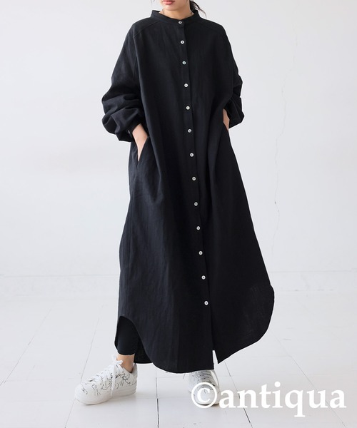 新品未使用 プランテーション リネンシャツワンピース 麻100 ブラック 黒 プランテーション リネンシャツワンピース 前開き 麻100% 日本製