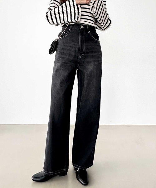 ブラックデニム ハイウエスト Lace Ladies デニムパンツ ストレート デニム ブラック グレー