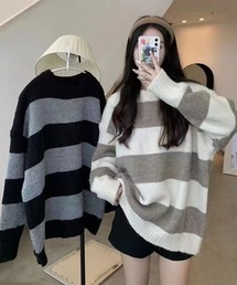 ワイドボーダー ロングニット