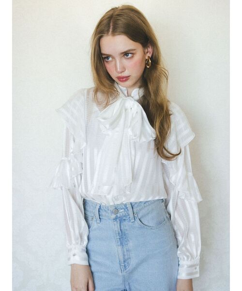 CALNAMUR（カルナムール）の「シアーチェックラッフルリボンブラウス（シャツ/ブラウス・レディース・ホワイト/ブラック・FREE）」の8枚目の写真