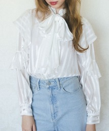 シアーチェックラッフルリボンブラウス
