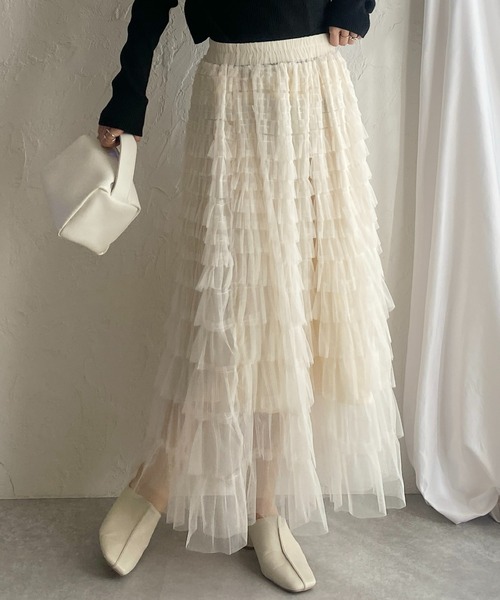 She's Closet（シーズクローゼット）の「Aラインフレアロングチュールフリルボリュームスカート（スカート・レディース・アイボリー/ブラック/ベージュ・FREE）」の2枚目の写真