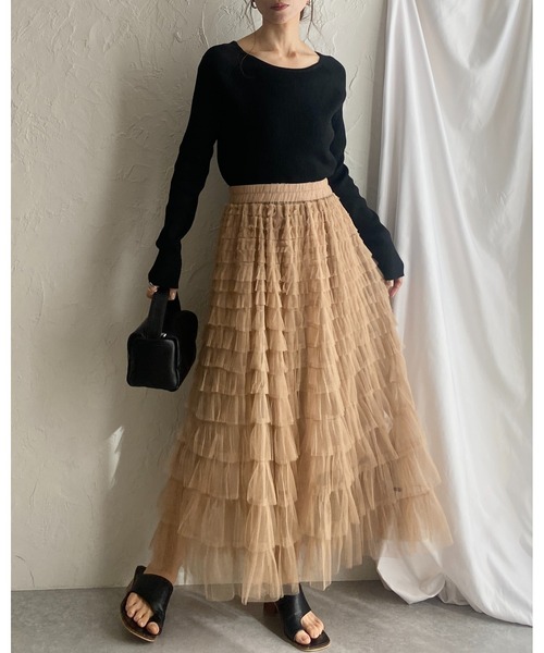 She's Closet（シーズクローゼット）の「Aラインフレアロングチュールフリルボリュームスカート（スカート・レディース・アイボリー/ブラック/ベージュ・FREE）」の4枚目の写真