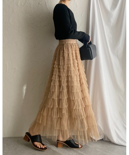 She's Closet（シーズクローゼット）の「Aラインフレアロングチュールフリルボリュームスカート（スカート・レディース・アイボリー/ブラック/ベージュ・FREE）」の5枚目の写真