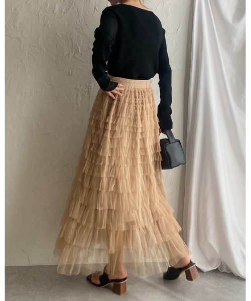 She's Closet（シーズクローゼット）の「Aラインフレアロングチュールフリルボリュームスカート（スカート・レディース・アイボリー/ブラック/ベージュ・FREE）」の6枚目の写真