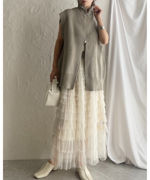 She's Closet（シーズクローゼット）の「Aラインフレアロングチュールフリルボリュームスカート（スカート・レディース・アイボリー/ブラック/ベージュ・FREE）」の7枚目の写真