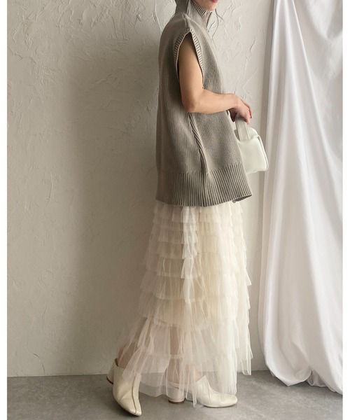 She's Closet（シーズクローゼット）の「Aラインフレアロングチュールフリルボリュームスカート（スカート・レディース・アイボリー/ブラック/ベージュ・FREE）」の8枚目の写真