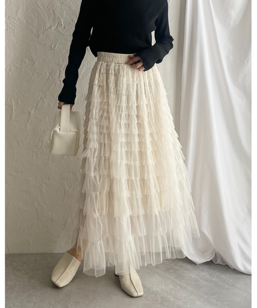 She's Closet（シーズクローゼット）の「Aラインフレアロングチュールフリルボリュームスカート（スカート・レディース・アイボリー/ブラック/ベージュ・FREE）」の10枚目の写真