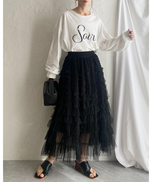 She's Closet（シーズクローゼット）の「Aラインフレアロングチュールフリルボリュームスカート（スカート・レディース・アイボリー/ブラック/ベージュ・FREE）」の11枚目の写真