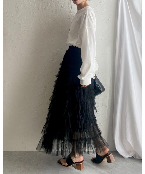 She's Closet（シーズクローゼット）の「Aラインフレアロングチュールフリルボリュームスカート（スカート・レディース・アイボリー/ブラック/ベージュ・FREE）」の13枚目の写真