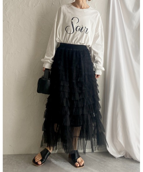 She's Closet（シーズクローゼット）の「Aラインフレアロングチュールフリルボリュームスカート（スカート・レディース・アイボリー/ブラック/ベージュ・FREE）」の14枚目の写真