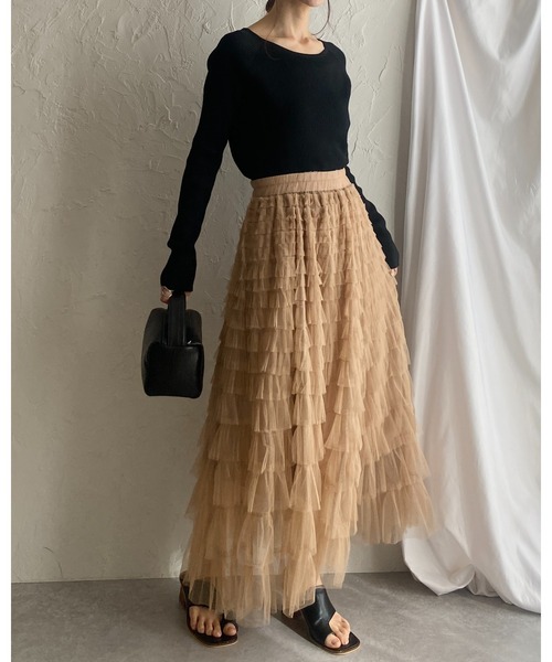 She's Closet（シーズクローゼット）の「Aラインフレアロングチュールフリルボリュームスカート（スカート・レディース・アイボリー/ブラック/ベージュ・FREE）」の15枚目の写真