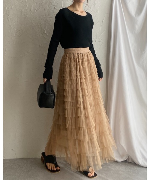She's Closet（シーズクローゼット）の「Aラインフレアロングチュールフリルボリュームスカート（スカート・レディース・アイボリー/ブラック/ベージュ・FREE）」の16枚目の写真