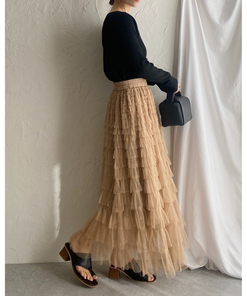 She's Closet（シーズクローゼット）の「Aラインフレアロングチュールフリルボリュームスカート（スカート・レディース・アイボリー/ブラック/ベージュ・FREE）」の17枚目の写真
