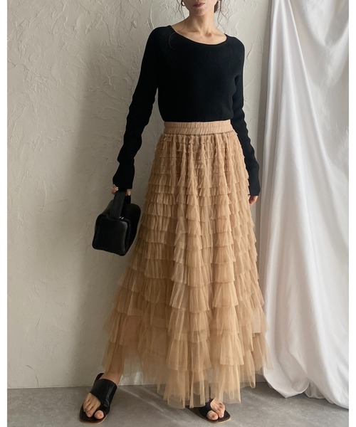 She's Closet（シーズクローゼット）の「Aラインフレアロングチュールフリルボリュームスカート（スカート・レディース・アイボリー/ブラック/ベージュ・FREE）」の18枚目の写真