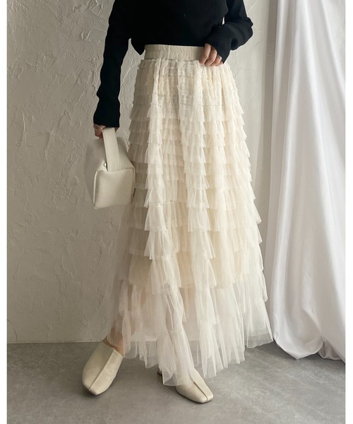 She's Closet（シーズクローゼット）の「Aラインフレアロングチュールフリルボリュームスカート（スカート・レディース・アイボリー/ブラック/ベージュ・FREE）」の22枚目の写真