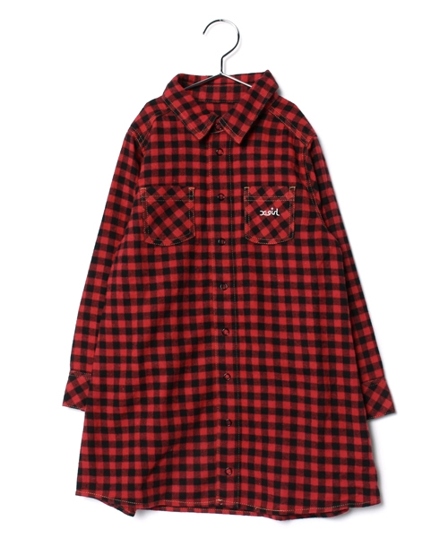X-girl Stages（エックスガールステージス）の「BLOCK PLAID BASIC L/S SHIRT DRESS(4T～7T)（ワンピース・キッズ・ホワイト/レッド・4T/7T/6T/5T）」の2枚目の写真