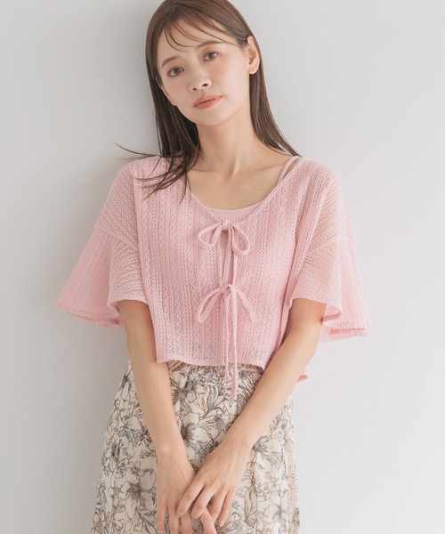 mysty woman(ミスティウーマン)の「ラッセルレースリボンツイン 127793(カーディガン/ボレロ・レディース・アイボリー/ライトブルー/モカ/ライトグリーン/ピンク・FREE)」の1枚目の写真