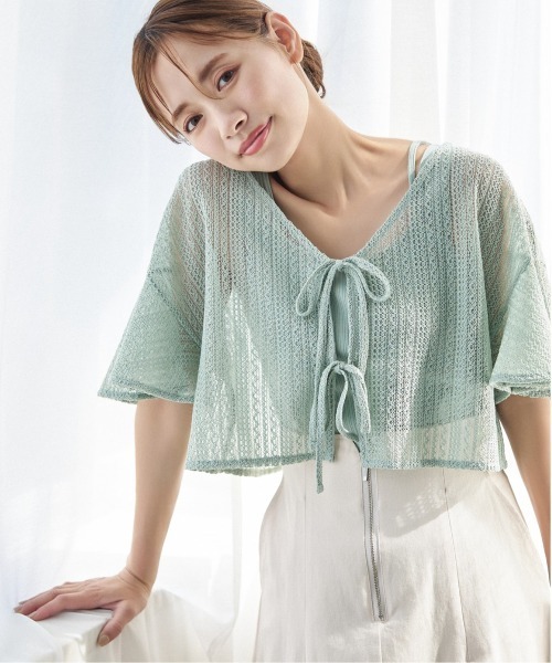 mysty woman(ミスティウーマン)の「ラッセルレースリボンツイン 127793(カーディガン/ボレロ・レディース・アイボリー/ライトブルー/モカ/ライトグリーン/ピンク・FREE)」の4枚目の写真