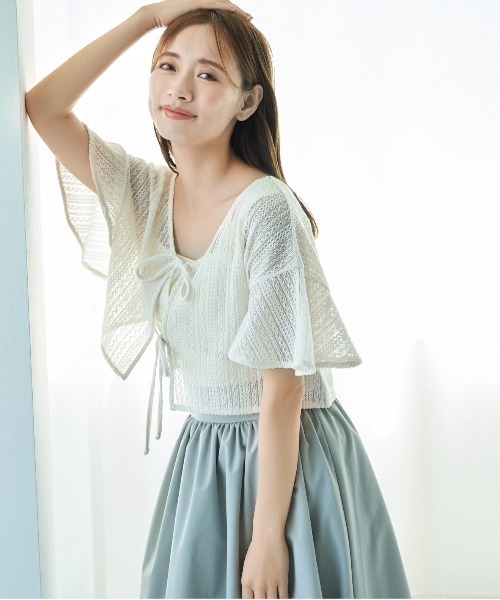 mysty woman(ミスティウーマン)の「ラッセルレースリボンツイン 127793(カーディガン/ボレロ・レディース・アイボリー/ライトブルー/モカ/ライトグリーン/ピンク・FREE)」の2枚目の写真