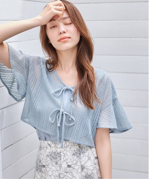 mysty woman(ミスティウーマン)の「ラッセルレースリボンツイン 127793(カーディガン/ボレロ・レディース・アイボリー/ライトブルー/モカ/ライトグリーン/ピンク・FREE)」の5枚目の写真