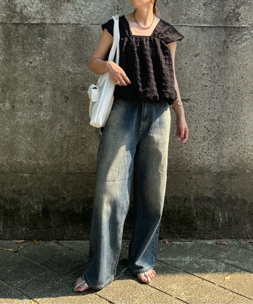 y/m by misato（イムバイミサト）の「チェックふくれジャガードトップス（その他トップス・レディース・ブラック/アイボリー・FREE）」の4枚目の写真