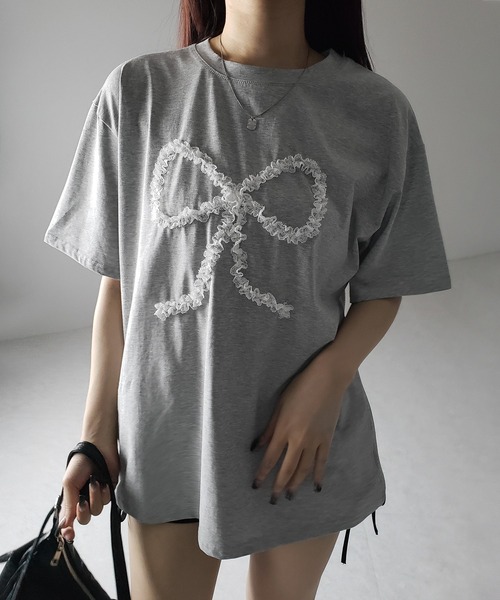 me+em select(ミームセレクト)の「※※ 3color 】レースリボンバレエコアオーバーTシャツ / lace ribbon ballet core over T-shirt(Tシャツ/カットソー・レディース・ホワイト/ブラック/グレー・FREE)」の3枚目の写真