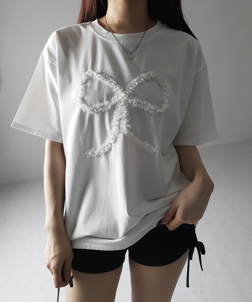 me+em select(ミームセレクト)の「※※ 3color 】レースリボンバレエコアオーバーTシャツ / lace ribbon ballet core over T-shirt(Tシャツ/カットソー・レディース・ホワイト/ブラック/グレー・FREE)」の2枚目の写真