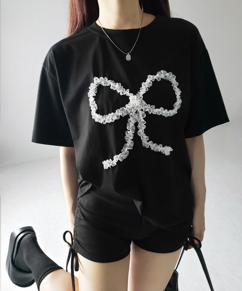 me+em select(ミームセレクト)の「※※ 3color 】レースリボンバレエコアオーバーTシャツ / lace ribbon ballet core over T-shirt(Tシャツ/カットソー・レディース・ホワイト/ブラック/グレー・FREE)」の1枚目の写真