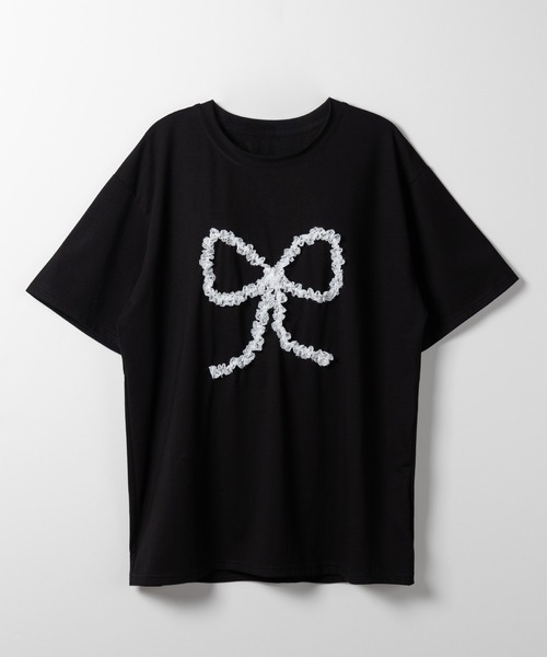 【RoseFrantz】Lace Ribbon T-shirt レース リボン Tシャツ セール】※※ 3color 】レースリボンバレエコアオーバーTシャツ