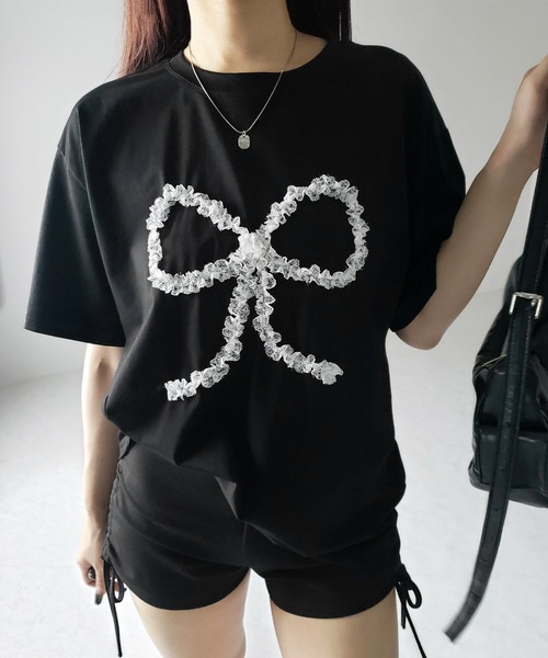 me+em select(ミームセレクト)の「※※ 3color 】レースリボンバレエコアオーバーTシャツ / lace ribbon ballet core over T-shirt(Tシャツ/カットソー・レディース・ホワイト/ブラック/グレー・FREE)」の10枚目の写真
