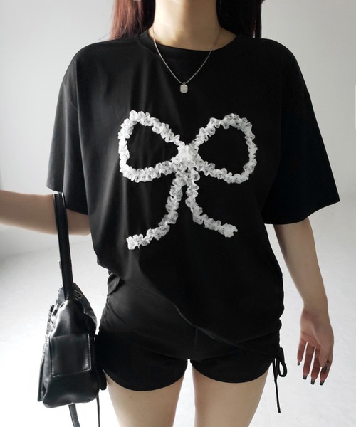 【RoseFrantz】Lace Ribbon T-shirt レース リボン Tシャツ レースリボンプリントクロップドTシャツ – 100StarS