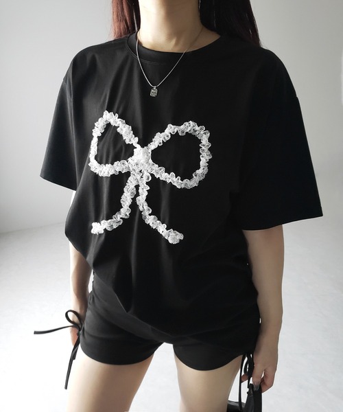 me+em select(ミームセレクト)の「※※ 3color 】レースリボンバレエコアオーバーTシャツ / lace ribbon ballet core over T-shirt(Tシャツ/カットソー・レディース・ホワイト/ブラック/グレー・FREE)」の9枚目の写真