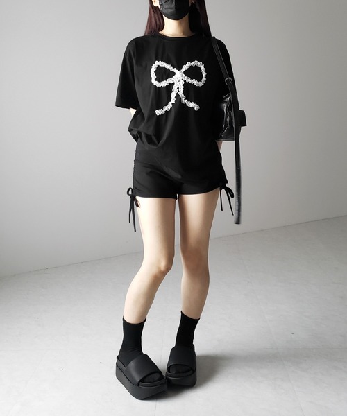 me+em select(ミームセレクト)の「※※ 3color 】レースリボンバレエコアオーバーTシャツ / lace ribbon ballet core over T-shirt(Tシャツ/カットソー・レディース・ホワイト/ブラック/グレー・FREE)」の6枚目の写真