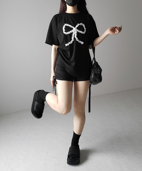 me+em select(ミームセレクト)の「※※ 3color 】レースリボンバレエコアオーバーTシャツ / lace ribbon ballet core over T-shirt(Tシャツ/カットソー・レディース・ホワイト/ブラック/グレー・FREE)」の5枚目の写真