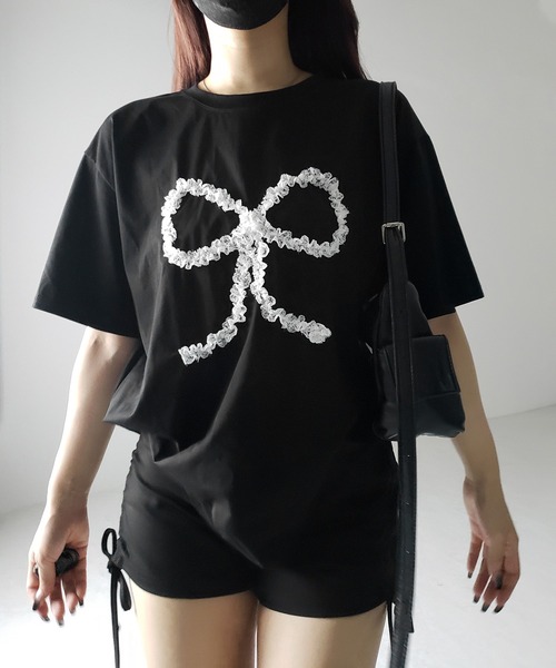 me+em select(ミームセレクト)の「※※ 3color 】レースリボンバレエコアオーバーTシャツ / lace ribbon ballet core over T-shirt(Tシャツ/カットソー・レディース・ホワイト/ブラック/グレー・FREE)」の7枚目の写真