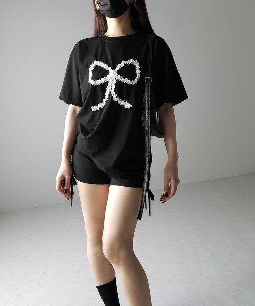 me+em select(ミームセレクト)の「※※ 3color 】レースリボンバレエコアオーバーTシャツ / lace ribbon ballet core over T-shirt(Tシャツ/カットソー・レディース・ホワイト/ブラック/グレー・FREE)」の4枚目の写真
