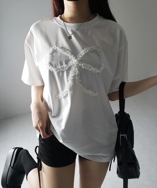 me+em select(ミームセレクト)の「※※ 3color 】レースリボンバレエコアオーバーTシャツ / lace ribbon ballet core over T-shirt(Tシャツ/カットソー・レディース・ホワイト/ブラック/グレー・FREE)」の15枚目の写真
