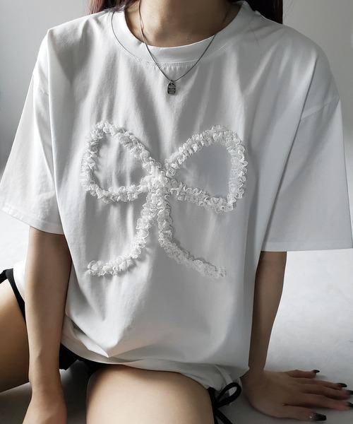 me+em select(ミームセレクト)の「※※ 3color 】レースリボンバレエコアオーバーTシャツ / lace ribbon ballet core over T-shirt(Tシャツ/カットソー・レディース・ホワイト/ブラック/グレー・FREE)」の14枚目の写真