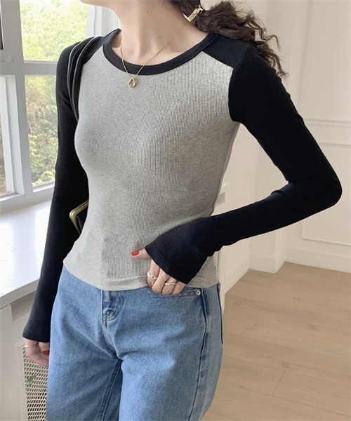FREE STYLISTS（フリー スタイリスト）の「配色ロングスリーブTシャツ（Tシャツ/カットソー・レディース・ブラック/ネイビー/ライトグリーン・M/XL/L）」の14枚目の写真