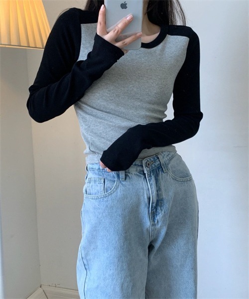 FREE STYLISTS（フリー スタイリスト）の「配色ロングスリーブTシャツ（Tシャツ/カットソー・レディース・ブラック/ネイビー/ライトグリーン・M/XL/L）」の7枚目の写真