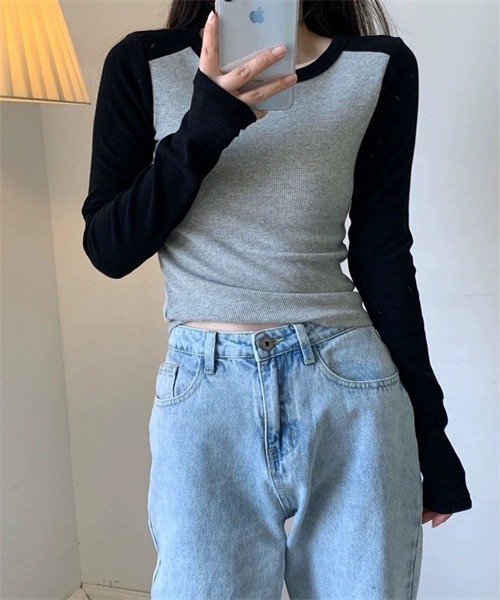 FREE STYLISTS（フリー スタイリスト）の「配色ロングスリーブTシャツ（Tシャツ/カットソー・レディース・ブラック/ネイビー/ライトグリーン・M/XL/L）」の6枚目の写真