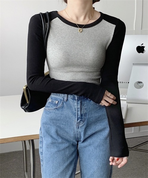 FREE STYLISTS（フリー スタイリスト）の「配色ロングスリーブTシャツ（Tシャツ/カットソー・レディース・ブラック/ネイビー/ライトグリーン・M/XL/L）」の5枚目の写真