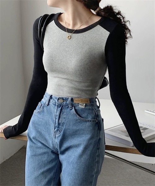 FREE STYLISTS（フリー スタイリスト）の「配色ロングスリーブTシャツ（Tシャツ/カットソー・レディース・ブラック/ネイビー/ライトグリーン・M/XL/L）」の15枚目の写真