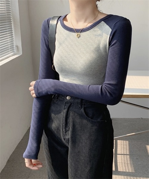 FREE STYLISTS（フリー スタイリスト）の「配色ロングスリーブTシャツ（Tシャツ/カットソー・レディース・ブラック/ネイビー/ライトグリーン・M/XL/L）」の10枚目の写真