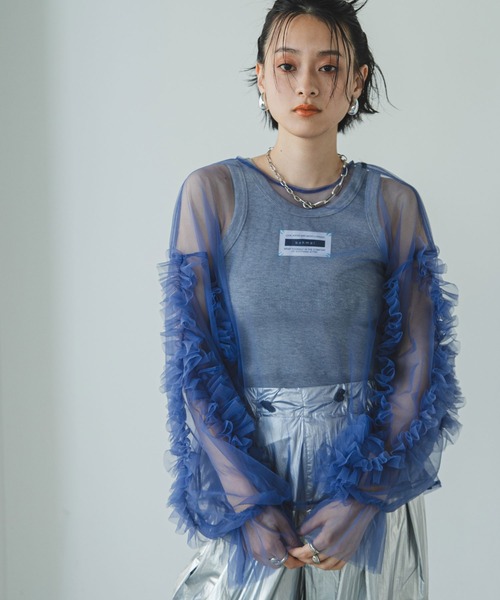 bohmal（ボマール）の「フリルキャンディースリーブシアープルオーバー（Tシャツ/カットソー・レディース・グレー/ブルー/ブラック/アイボリー・MEDIUM）」の15枚目の写真