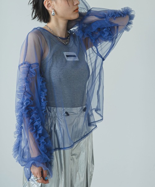 bohmal（ボマール）の「フリルキャンディースリーブシアープルオーバー（Tシャツ/カットソー・レディース・グレー/ブルー/ブラック/アイボリー・MEDIUM）」の14枚目の写真