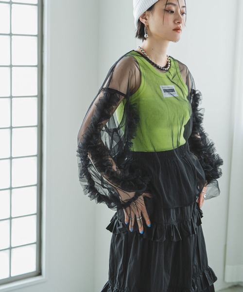 bohmal（ボマール）の「フリルキャンディースリーブシアープルオーバー（Tシャツ/カットソー・レディース・グレー/ブルー/ブラック/アイボリー・MEDIUM）」の11枚目の写真