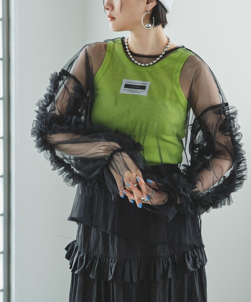 bohmal（ボマール）の「フリルキャンディースリーブシアープルオーバー（Tシャツ/カットソー・レディース・グレー/ブルー/ブラック/アイボリー・MEDIUM）」の10枚目の写真