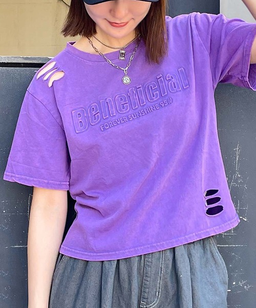 GORGE(ゴージ)の「ダメージ短丈ピグメントTシャツ(Tシャツ/カットソー・レディース・ブルー/マスタード/スミクロ/パープル・F)」の3枚目の写真
